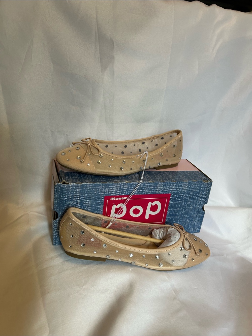 pop Beige Studded Ballet Flats with Bow Detail